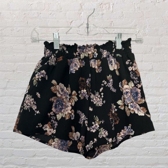 Love Tree Shorts Black Floral High Waist Paperbag Elastic Waist Casual Small - Picture 1 of 9